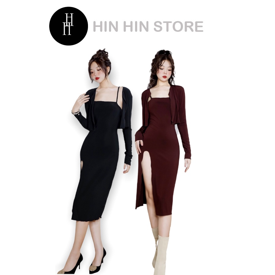 Set đầm hai dây xẻ kèm áo khoác tay dài tôn dáng HS129 Hỉn Hỉn Store