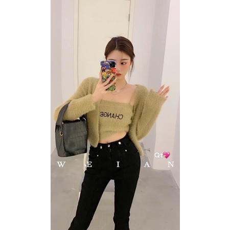 Set 2 áo len lông thêu chữ : áo 2 dây kèm áo khoác lông | BigBuy360 - bigbuy360.vn