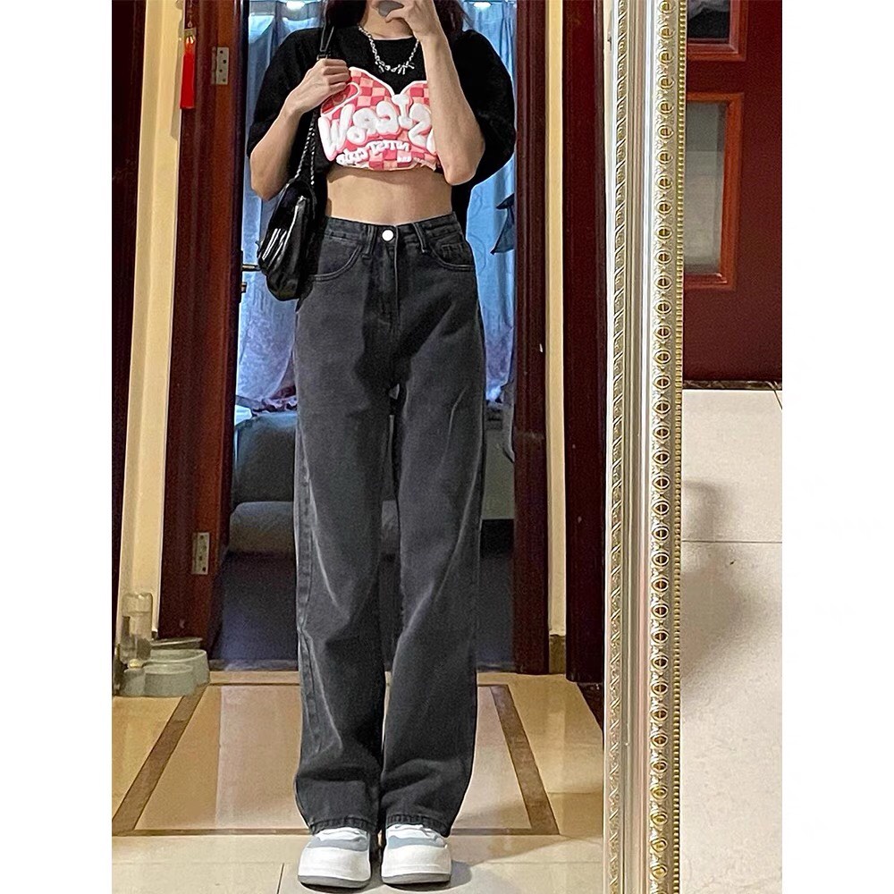Quần jean nữ, quần bò nữ ống rộng đen xám phong cách Ulzzang School - Quần jeans baggy suông màu xám tro QJ02