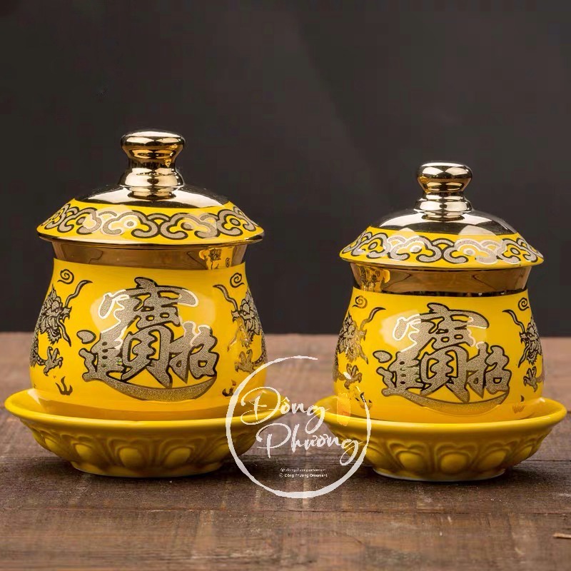 Bộ Đồ Thờ Cúng - Set Đồ Thờ Sứ Trắng Vàng Hoa Văn Rồng 3D cao cấp