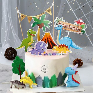 Phụ kiện trang trí bánh sinh nhật_Set que cắm khủng long + núi lửa