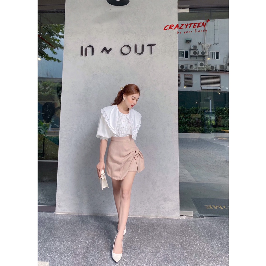 Quần váy chữ A nữ CRAZYTEEN vạt chéo cotton gân QC0343