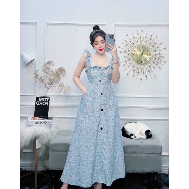 Đầm bông hai dây phối cúc dáng dài đầm maxi bông kèm mút sẵn Linh htt