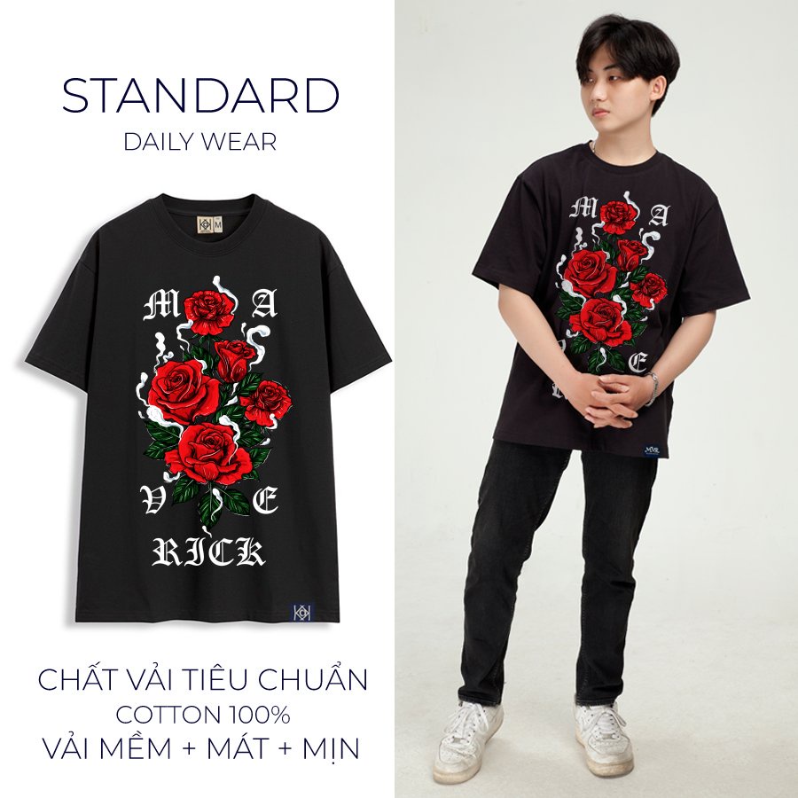 Áo thun Rock Nam Nữ hoa hồng đỏ Phối Chữ Maverick Áo Phông Đẹp Vải Cotton Tiêu Chuẩn Xuất Khẩu KK2075