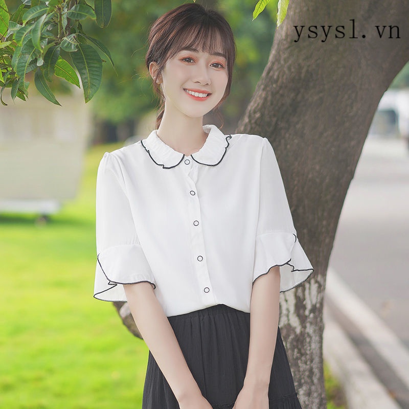 Áo Sơ Mi Chiffon Tay Ngắn Cổ Lá Sen Phong Cách Pháp Thời Trang Mùa Hè Hàng Mới 2022 Dành Cho Bạn Nữ