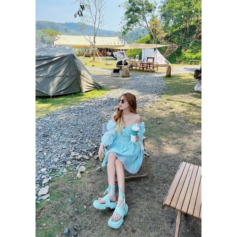 Đầm 2 dây trễ vai nơ ngực xinh xắn