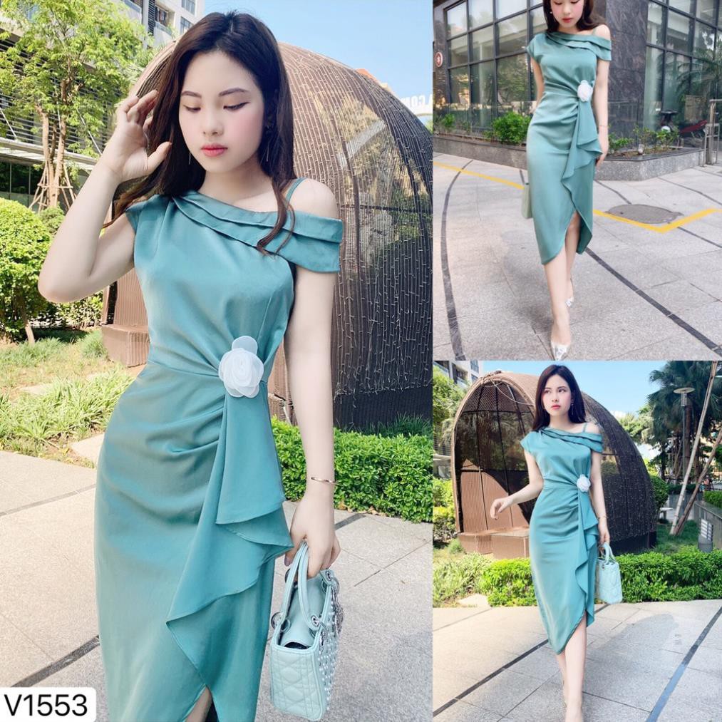 Váy xanh ngọc lệch vai eo nhún hoa V1553 - ĐẸP SHOP DVC 👗