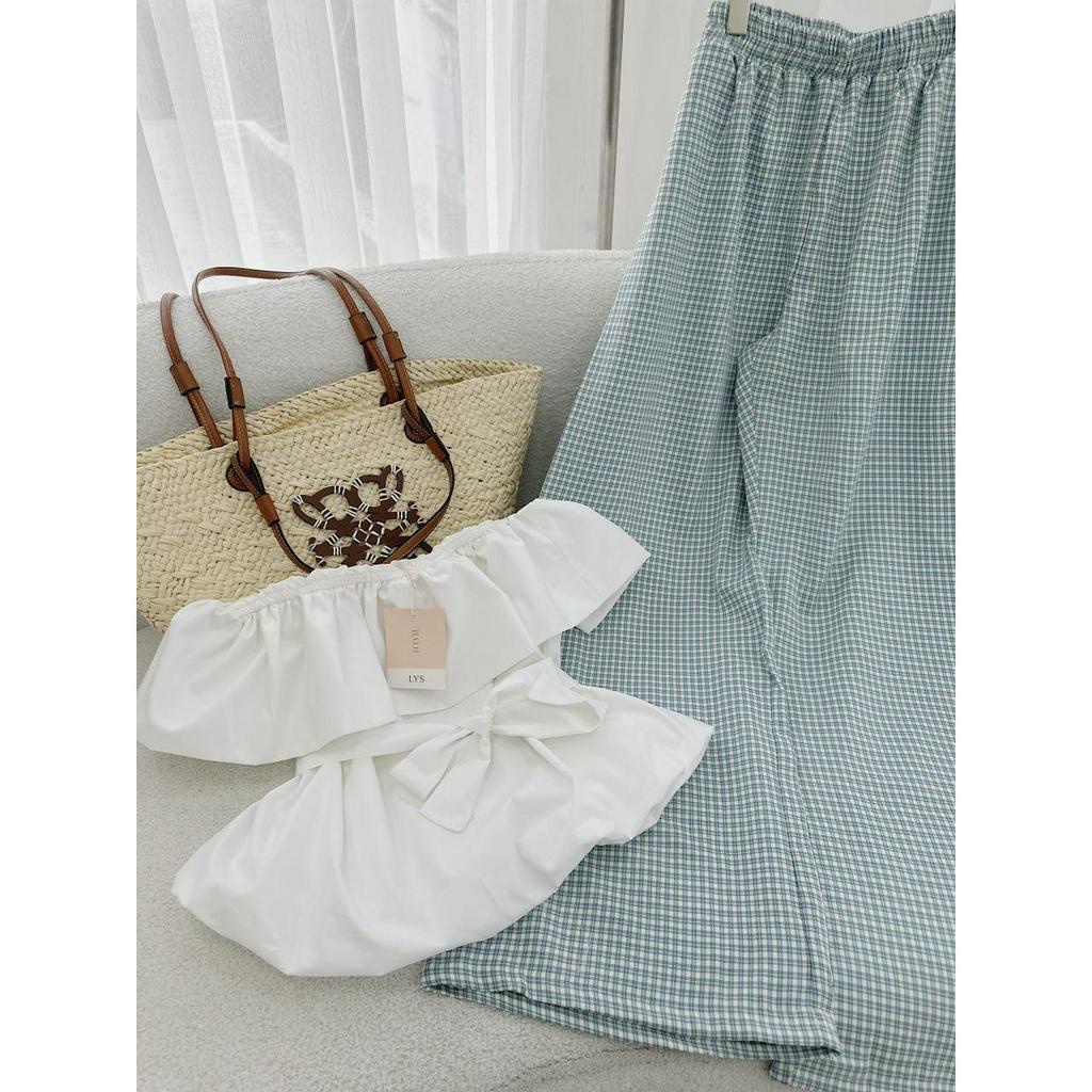 SET ỐNG TRẮNG BÈO THẮT NƠ EO + QUẦN SUÔNG CARO