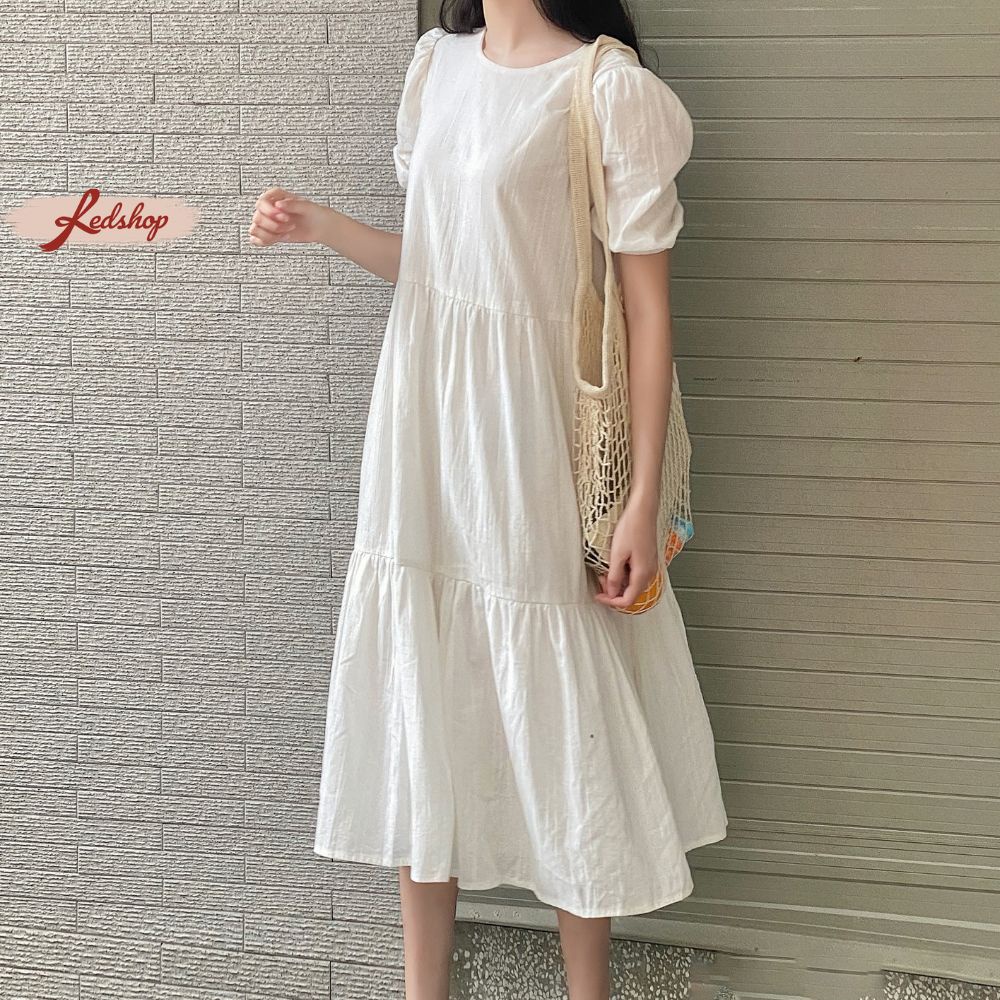 Váy babydoll trắng dáng suông dài cổ tròn tay ngắn phồng xinh xắn  - Red Shop