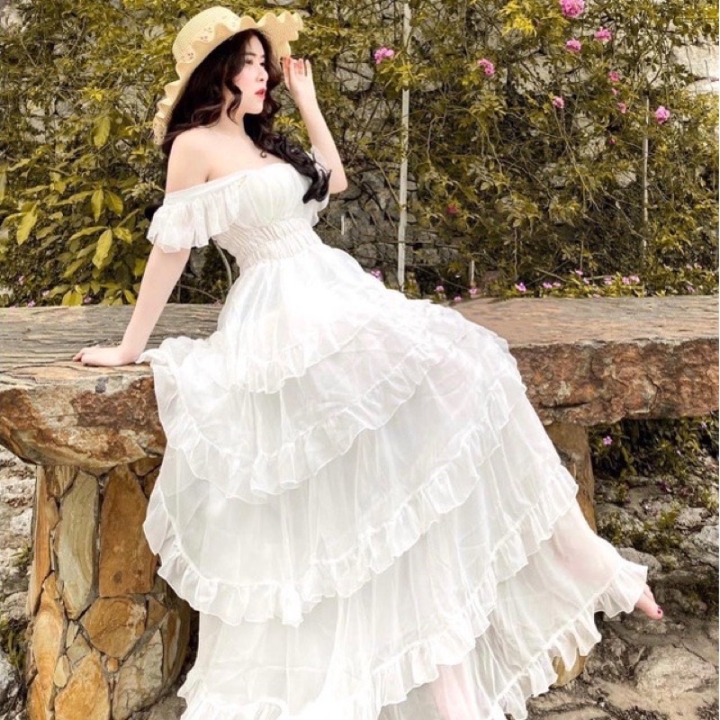 Váy Trắng Maxy Bèo Tầng Cánh Tiên Sống Ảo (Ảnh Thật )