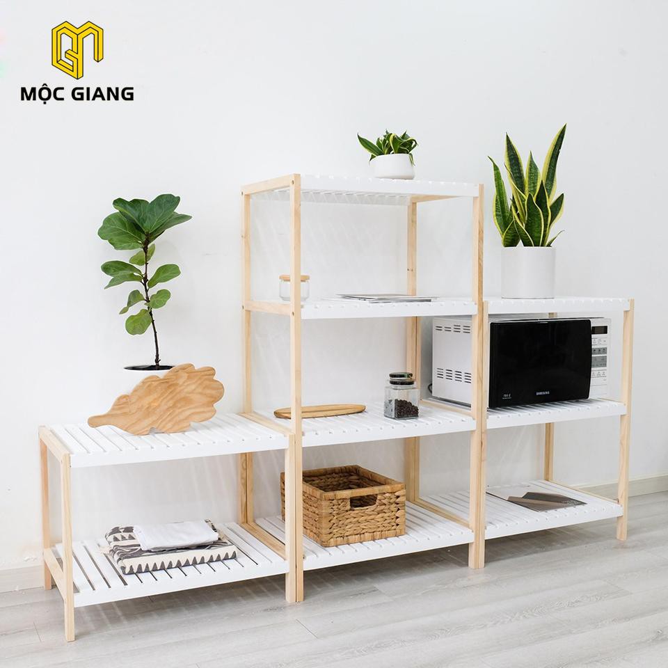 Kệ Lò Vi Sóng Bằng Gỗ 2 Tầng - Kệ Gỗ Đa Năng Phối Màu Trắng + Màu Tự Nhiên | BigBuy360 - bigbuy360.vn