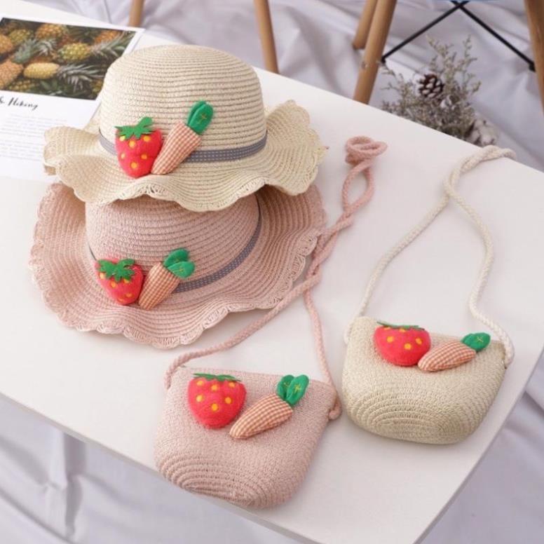 Set túi mũ cói và túi cói dâu tây dễ thương cho bé siêu xinh