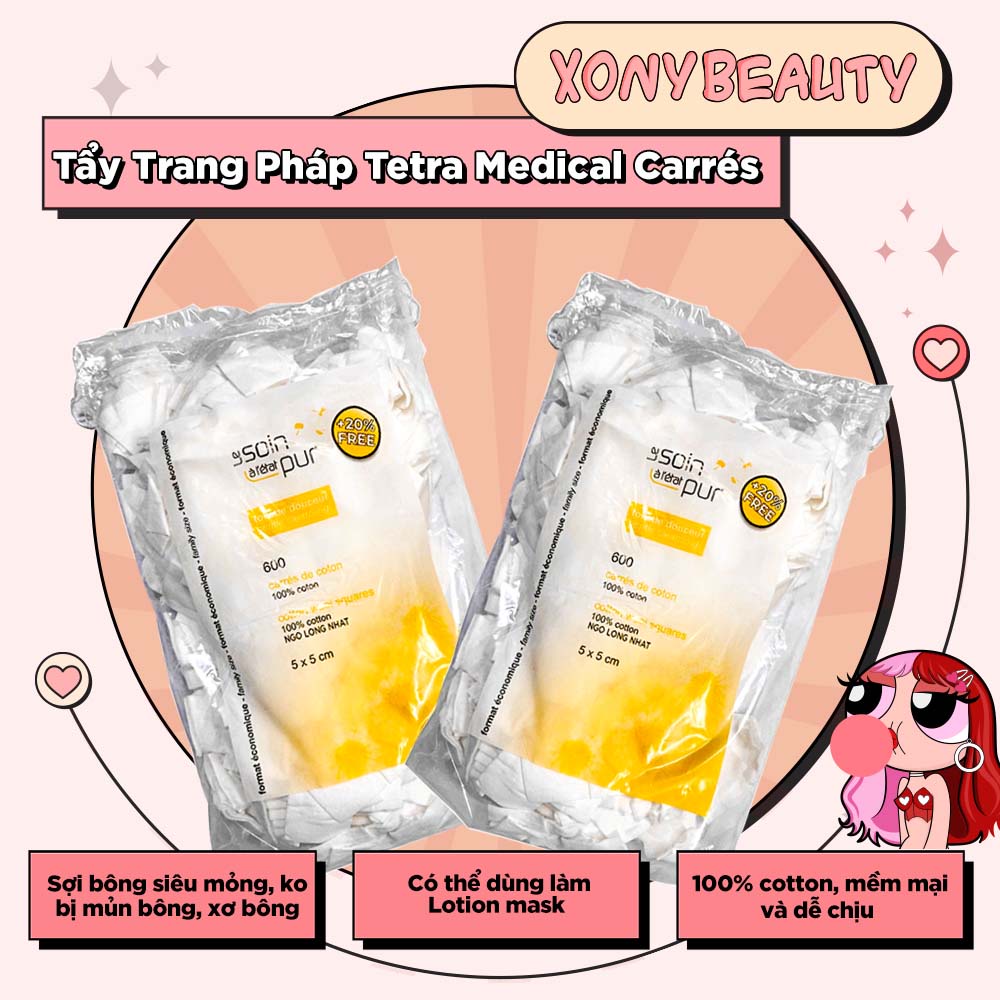 Bông Tẩy Trang Pháp Tetra Medical Carrés De Coton 600 miếng Le Soin Làl'état Pur
