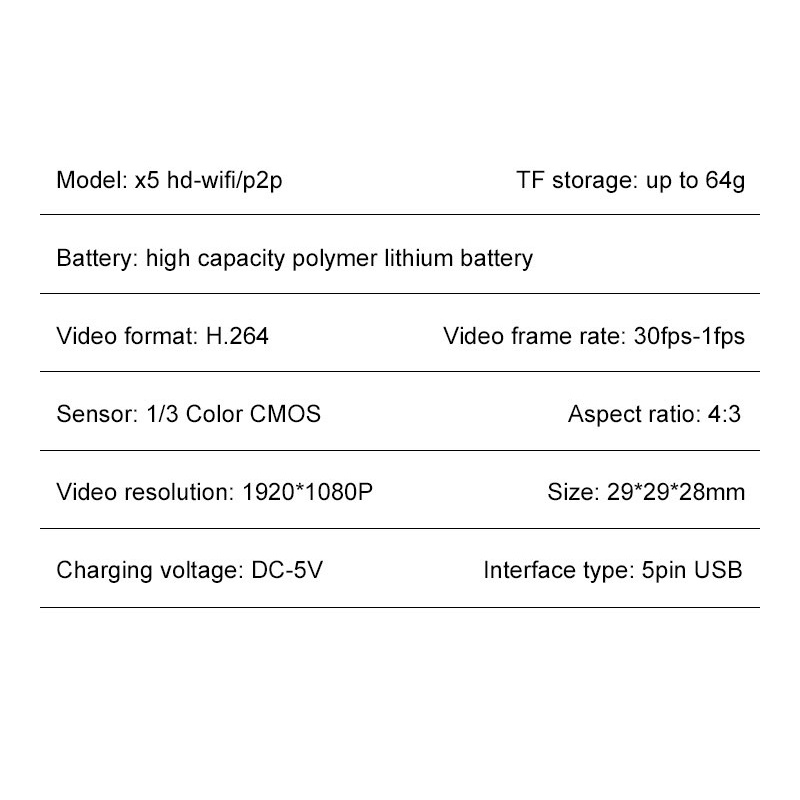 Camera Mini P2P 1080P X5 HD Hỗ Trợ Tầm Nhìn Ban Đêm Có Nam Châm 5PIN