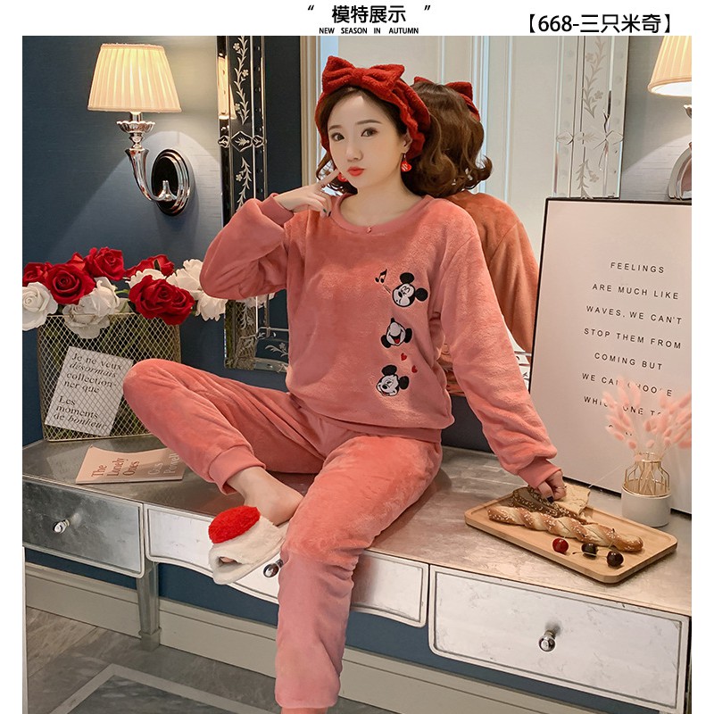 Bộ đồ ngủ nữ Quần áo ngủ mặc nhà dài tay vải nhung bông lông cừu mềm mịn mùa đông xuân thu hè dễ thương hot