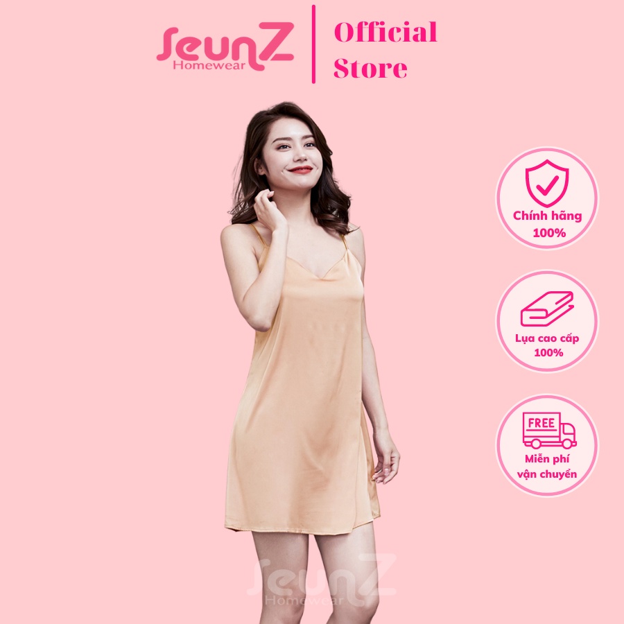 Váy ngủ 2 dây màu nude lụa satin mềm mịn SEUNZ mặc nhà nữ sexy gợi cảm mùa Hè siêu mát D3