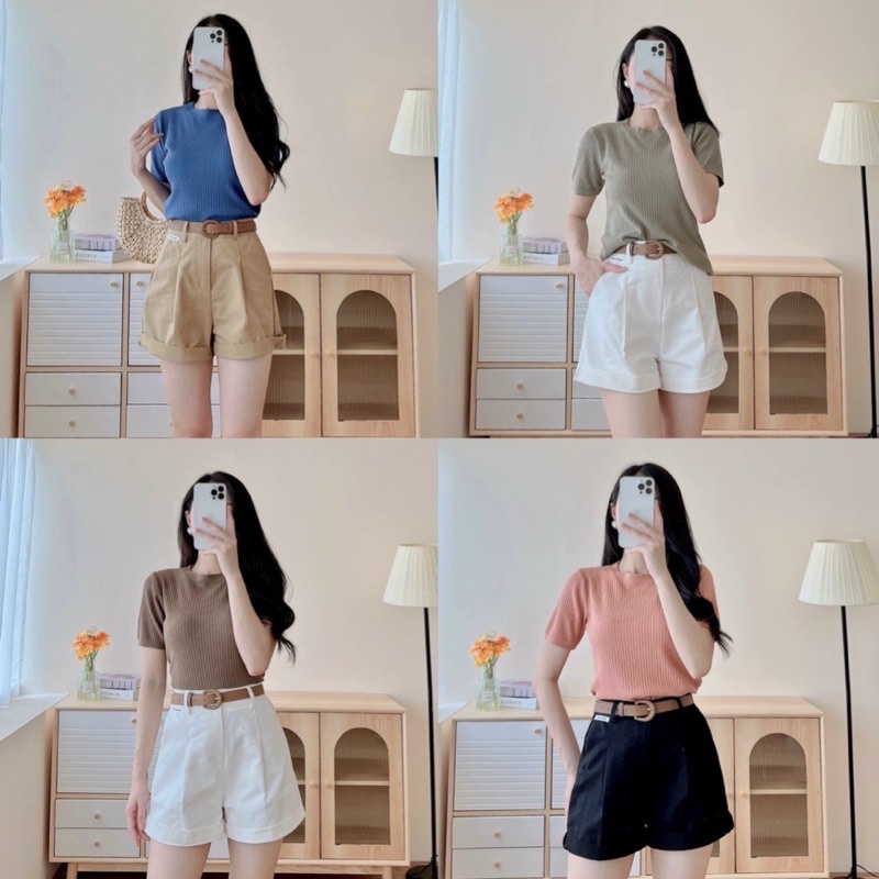 _Áo len đũa cộc tay cổ tròn PHUONGG chất len mềm - đẹp - co giãn tốt  freesize <62kg