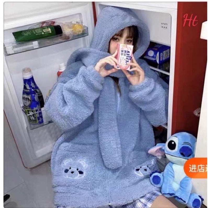 áo khoác lông khoá kéo túi gấu