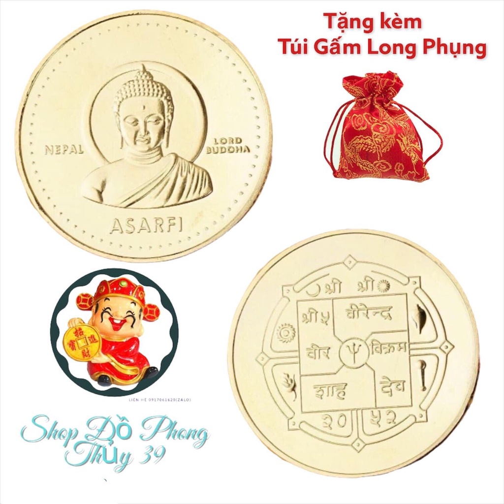 Đồng Xu Phong Thuỷ Hình Phật Thích Ca Nepal Bình An May Mắn Chất Liệu Niken Mạ Vàng