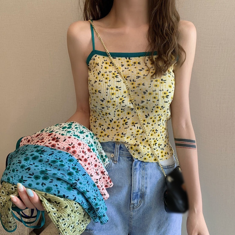 Áo Croptop Hai Dây Dệt Kim In Họa Tiết Hoa Phong Cách Boho Thời Trang Mùa Hè Cho Nữ
