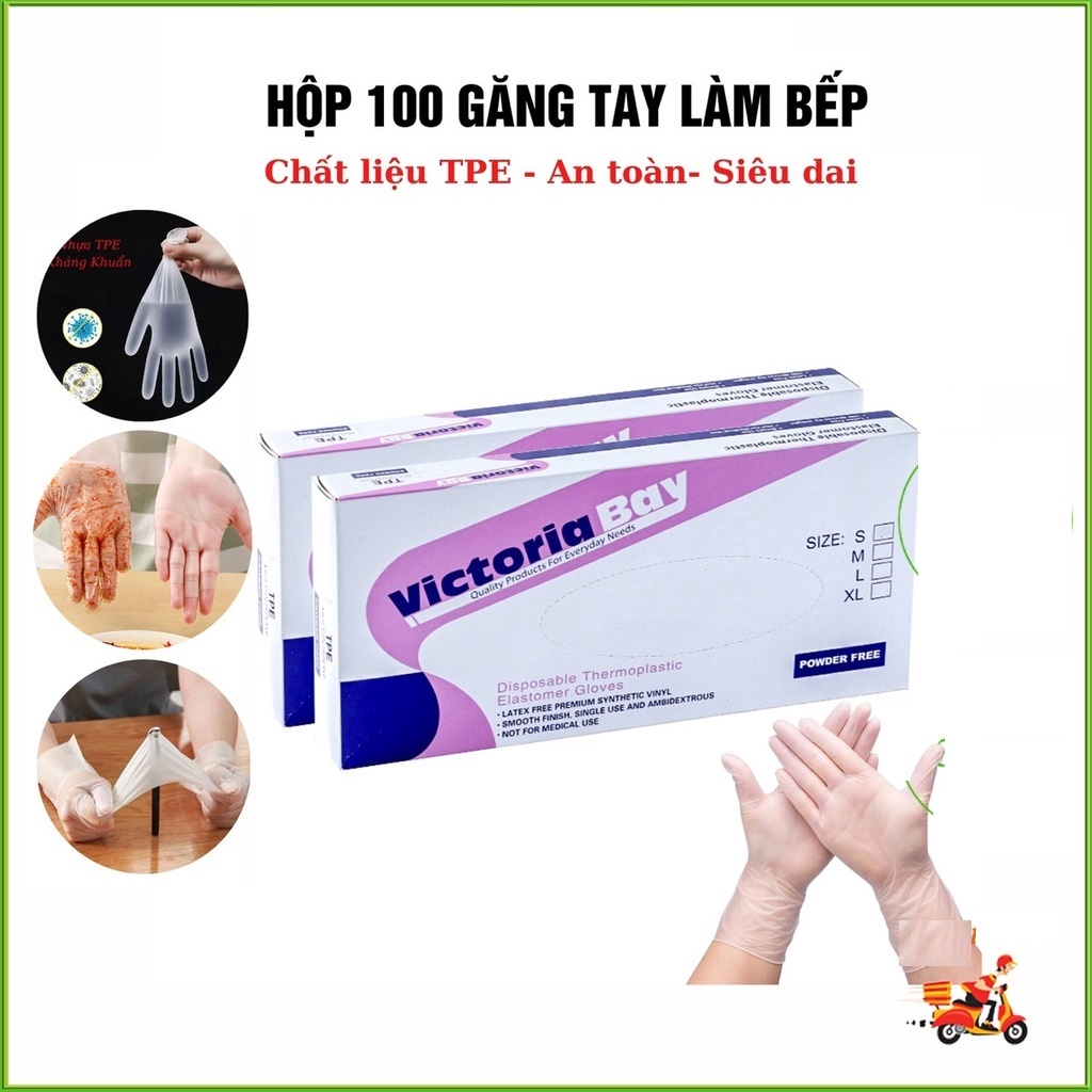 Hộp 100 Găng Tay Cao Su Tpe Victoria Bay Siêu Dai Dùng 1 Lần Làm Bếp Nấu Ăn Vệ Sinh