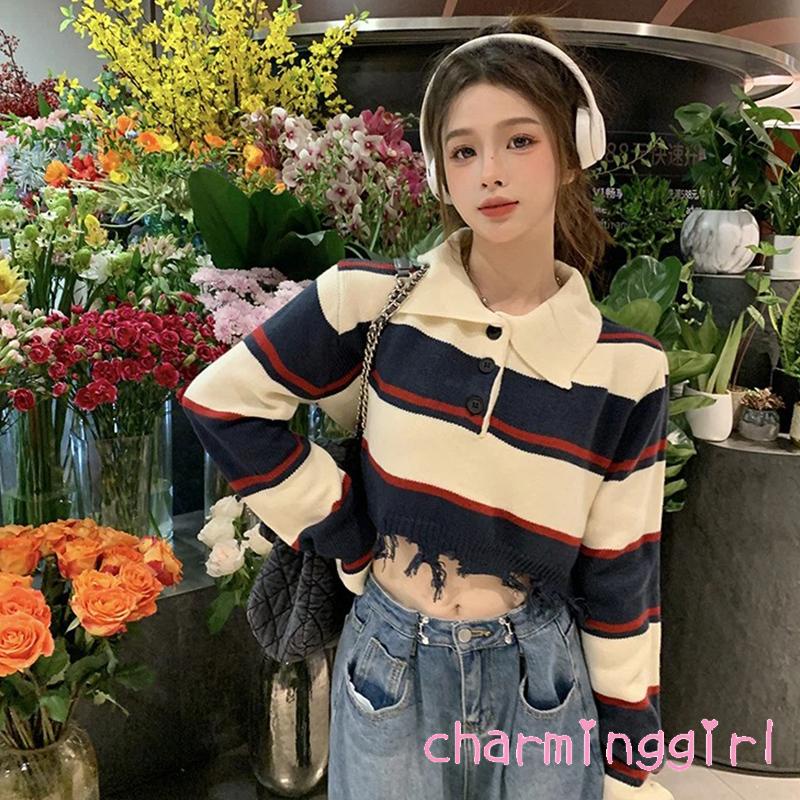 Áo Croptop Dệt Kim Tay Dài Cổ Tròn Màu Sắc Tương Phản Thời Trang Cho Nữ