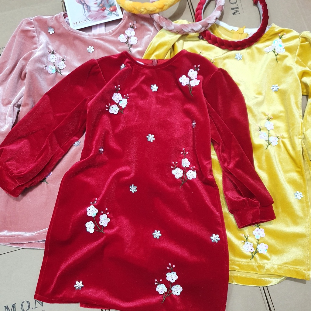 Áo Dài Nhung Cho Gái Hoa Xuân Hoa Kết Nổi Set 3 Chi Tiết