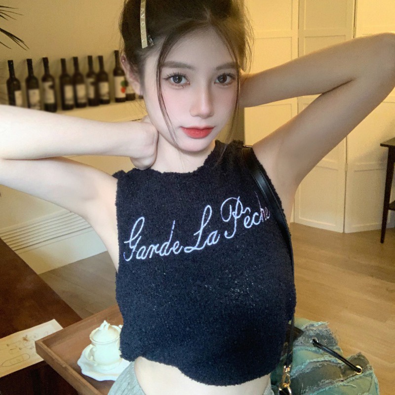 Áo Tank Top Dệt Kim Sát Nách Cổ Tròn Hở Lưng In Chữ Phong Cách Hàn Quốc Thời Trang Cho Nữ