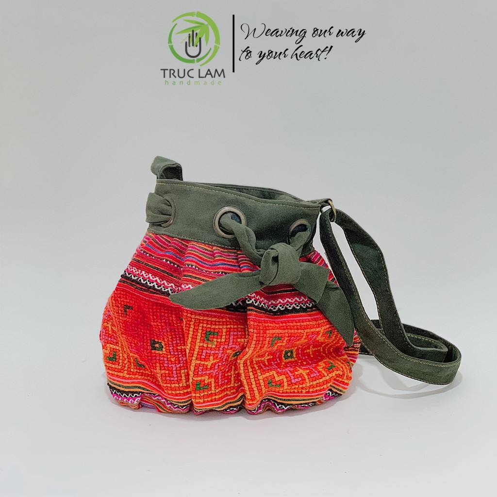 Túi Đeo Chéo Thời Trang Nữ Vải Thổ Cẩm Phối Da Lộn Miệng Dây Rút Thắt Nơ - Trúc Lâm Handmade