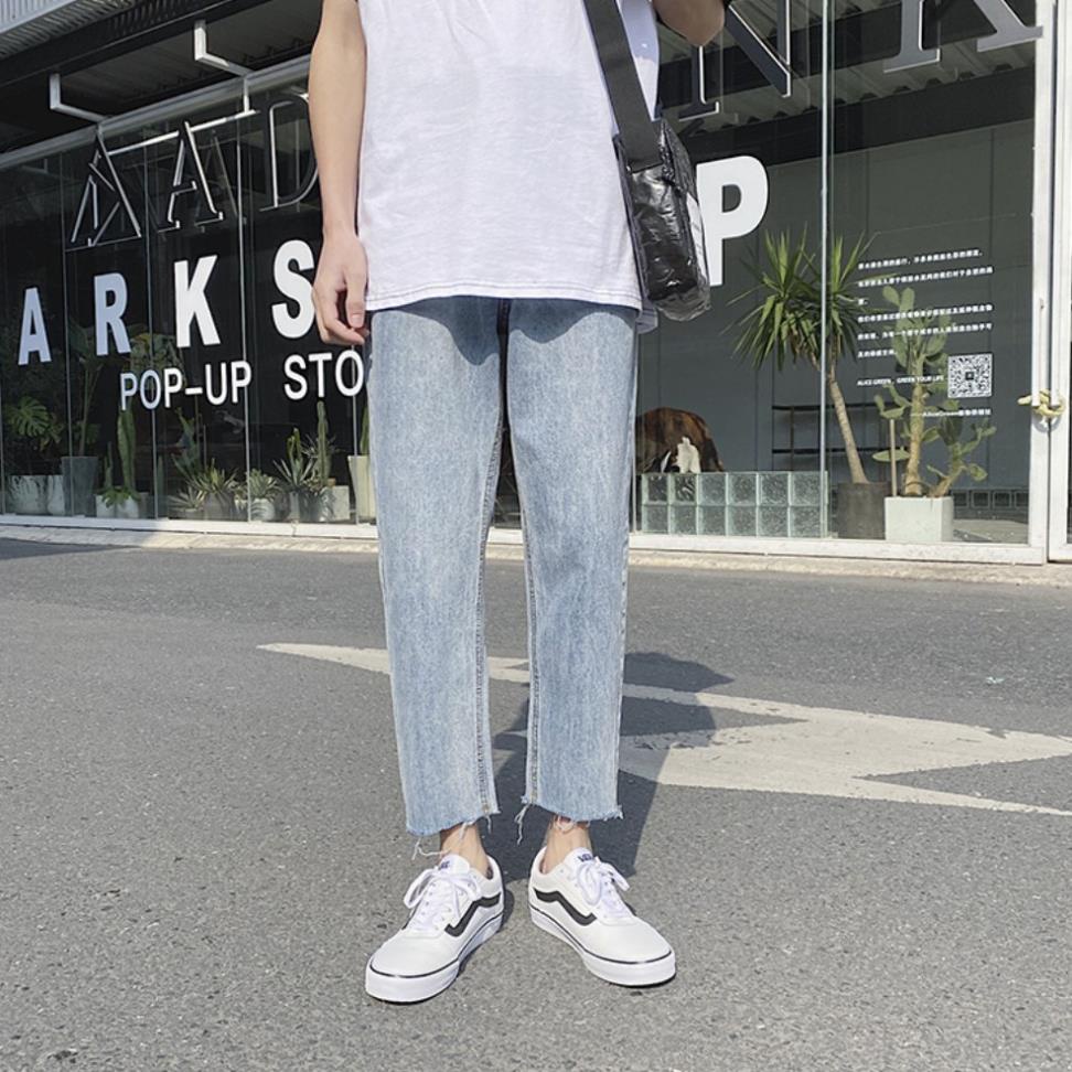Quần Jean Baggy Nam Cắt Gấu Ống Rộng Màu Xanh Trơn Basic Unisex Vải Co Giãn-B02 ⚡