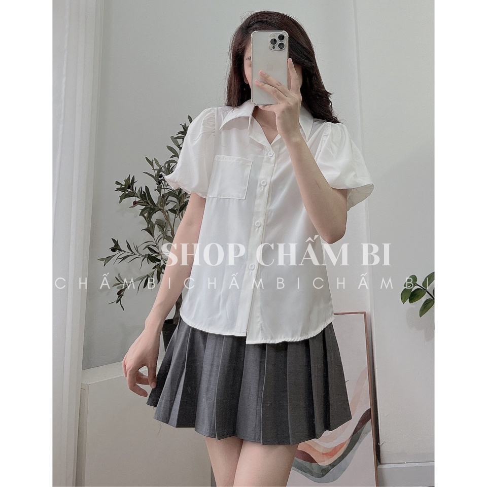 Áo sơ mi xinh A.323, Áo sơ mi trắng trơn cổ nhọn tay bồng dáng ngắn túi ngực thanh lịch - Thời trang nữ Chấm Bi