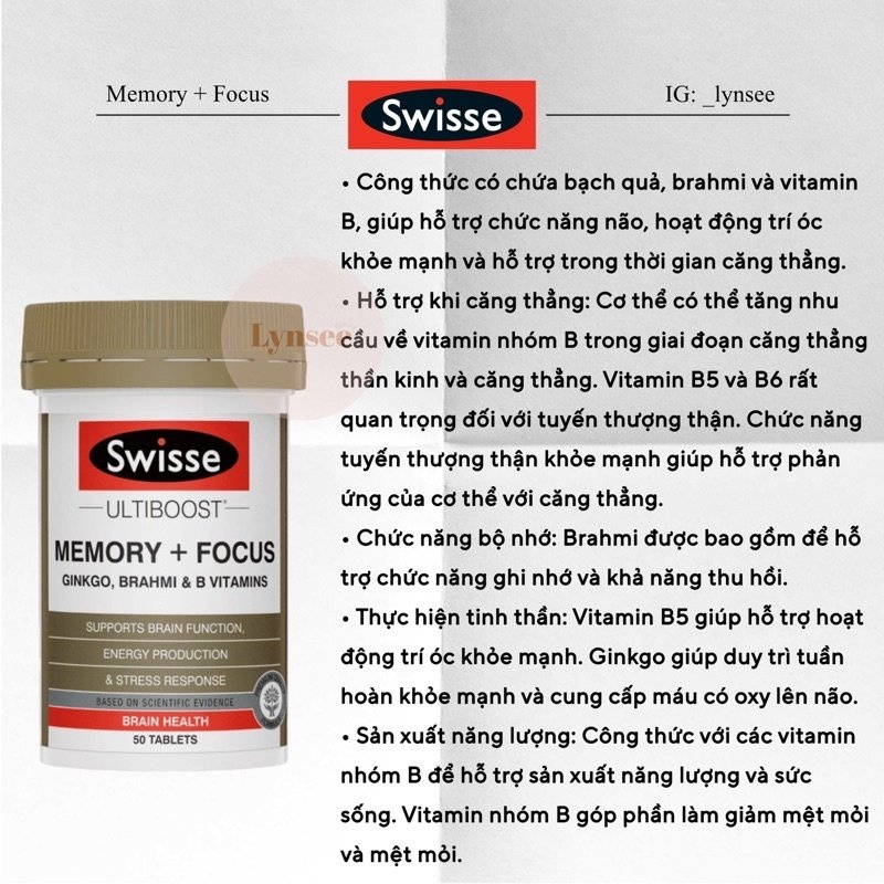 Viên Uống Bổ Não, Hỗ Trợ Cải Thiện Trí Nhớ Và Sự Tập trung - Swisse Ultiboost Memory Focus - 50 viên