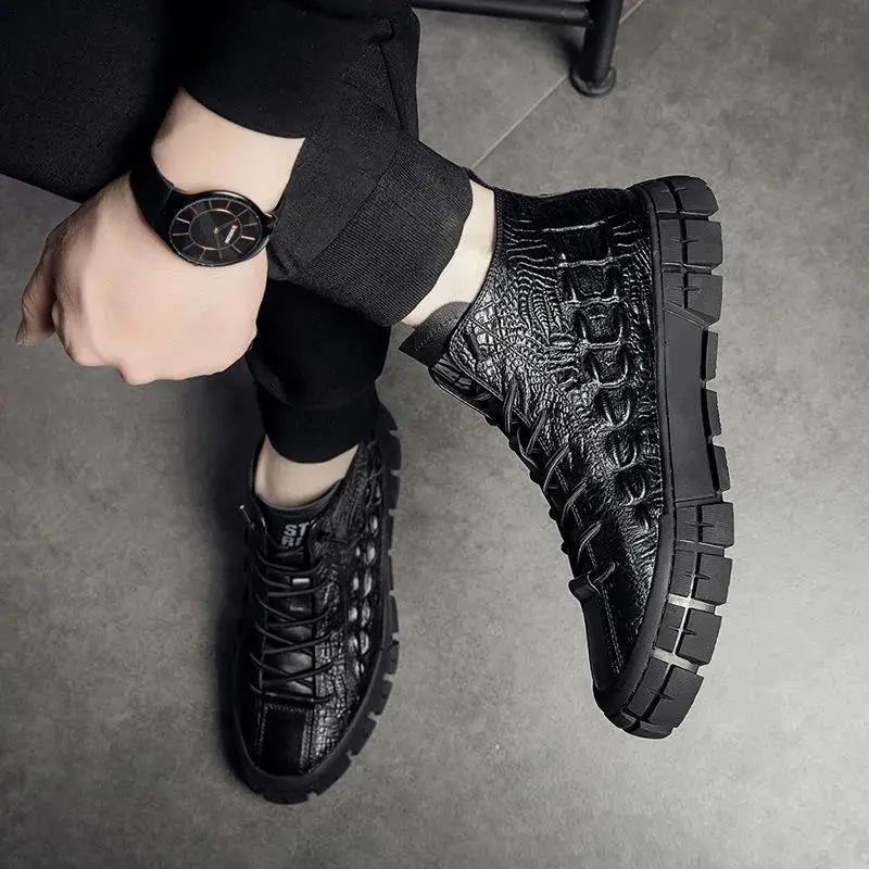 Giày Boot Nam Cổ Cao Họa Tiết Da Cá Sấu Thời Trang