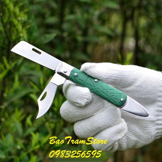 Dao ghép cây dạng gấp, 2 lưỡi thép Carbon SK5 cán nhựa xanh