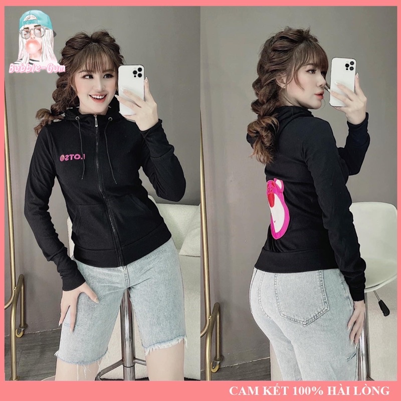 Áo Khoác Nữ Gấu Dâu Chữ Thêu Lưng To Chất Liệu Thun Gân Tay Xỏ Ngón Freesize Dưới 60kg Bubble Gum