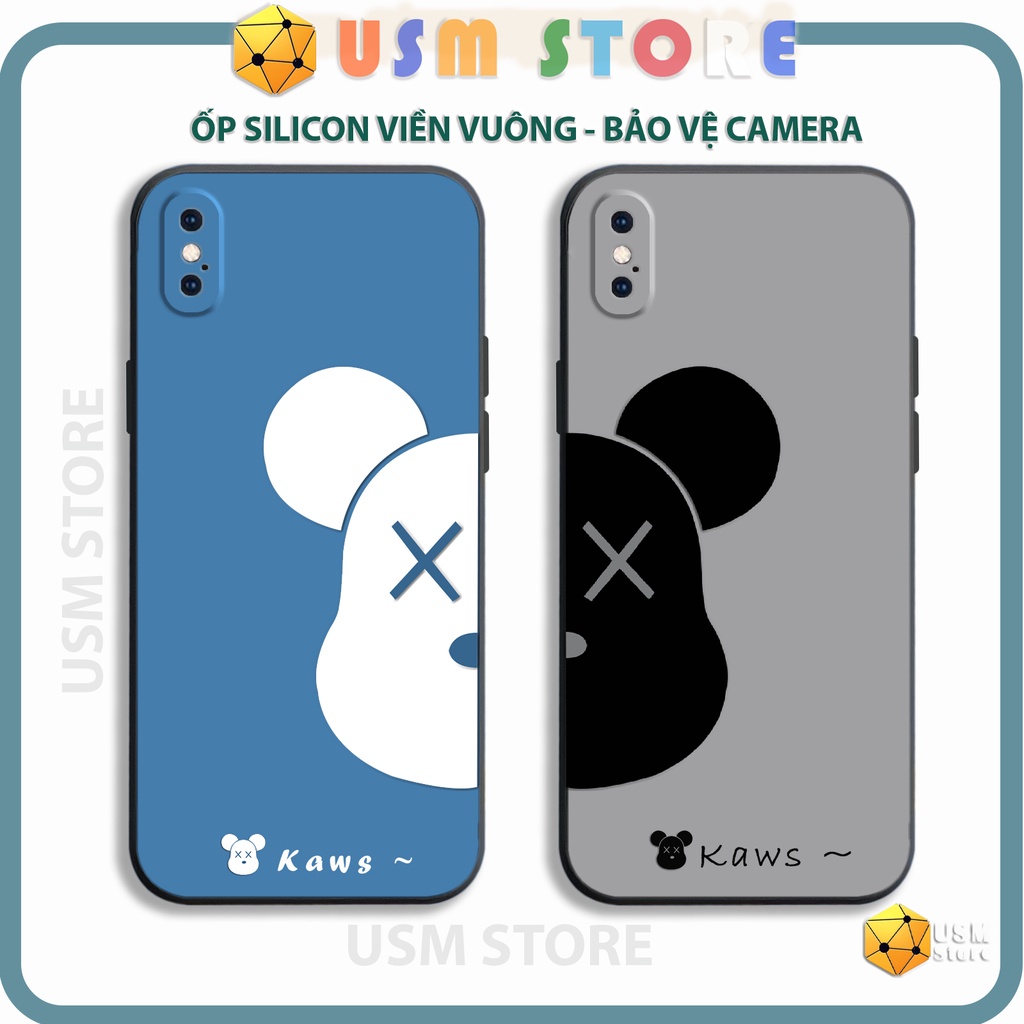 Ốp điện thoại iphone 6/6s/6plus/7plus/8/8plus/X/XS/XSmax/XR viền vuông có cạnh bảo vệ camera, hình gấu Kaws Bearbrick