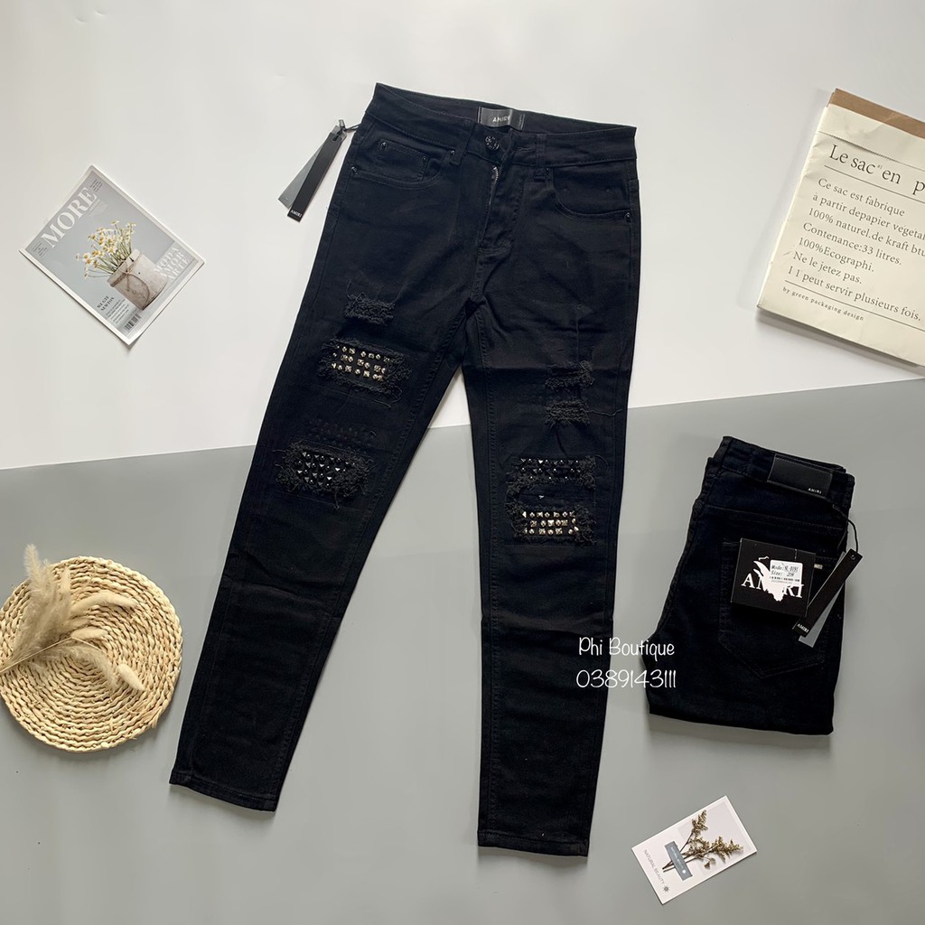 Quần Jean Côn Nam Rách Phối Tag Đá Sắt Đen Bạc Cực Đỉnh