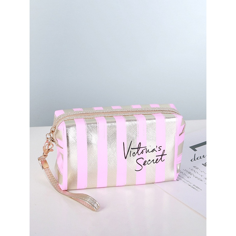 Túi Đựng Mỹ Phẩm Bằng Da PU Họa Tiết Sọc Vàng Ánh laser Nhỏ Gọn Tiện Dụng Cho Nữ