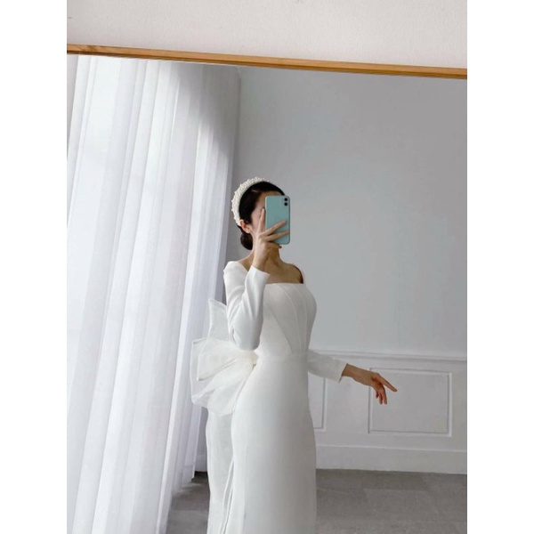Đầm Dạ Hội Cô Dâu Tay Dài Cổ Vuông Dự Tiệc Hàng Cao cấp y hình