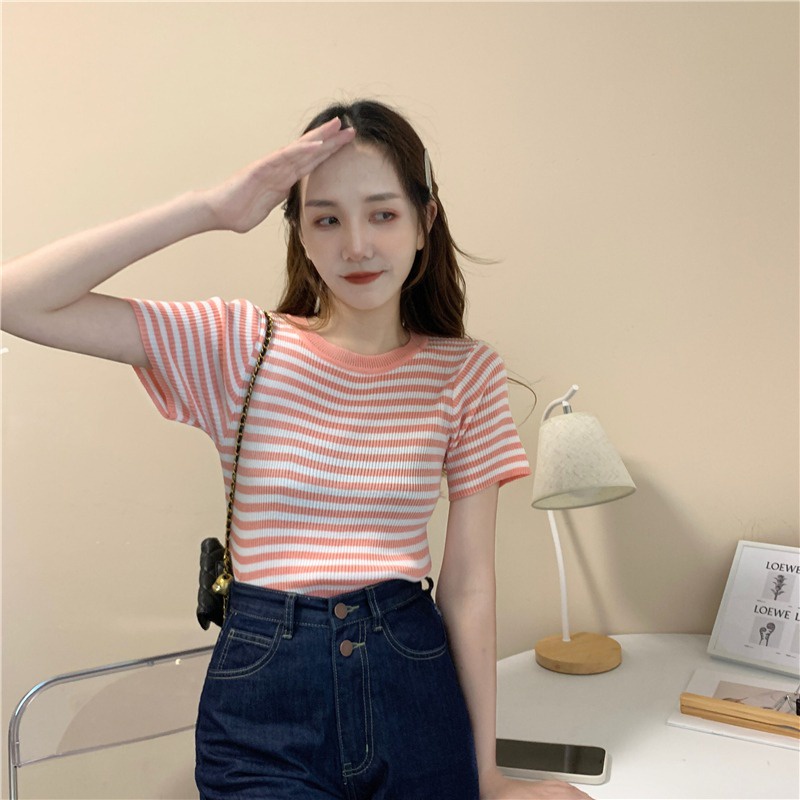 Áo thun dệt kim ZHELIHANGFEI vải lụa lạnh dáng ôm họa tiết kẻ sọc thời trang cho nữ
