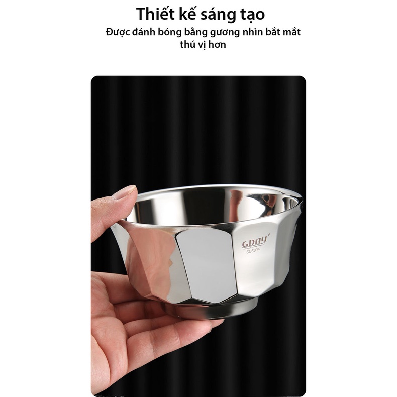 Bát inox, bát ăn inox 304 hai lớp cách nhiệt , cứng, bền, cách nhiệt, thiết kế kim cương GDAY - LOKING