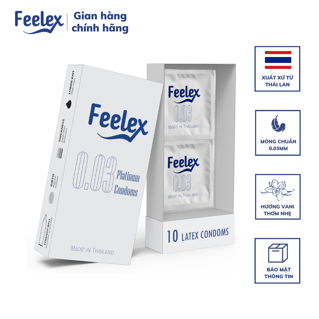 Bao cao su Feelex 0.03mm siêu mỏng, nhiều gel bôi trơn hương vani, sản xuất tại Thái Lan - olo store