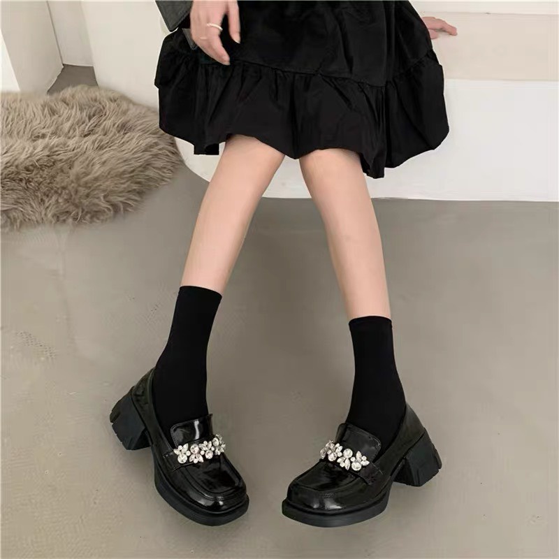Giày Mary Jane mũi vuông đế cao 5cm Ulzzang đính đá sang chảnh