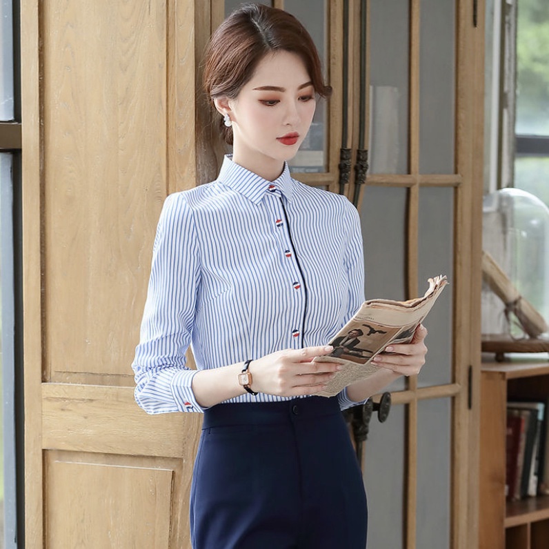 Áo Sơ Mi Công Sở Dáng Rộng Kẻ Sọc Xanh Dương 2022 Thời Trang Công Sở Cho Nữ