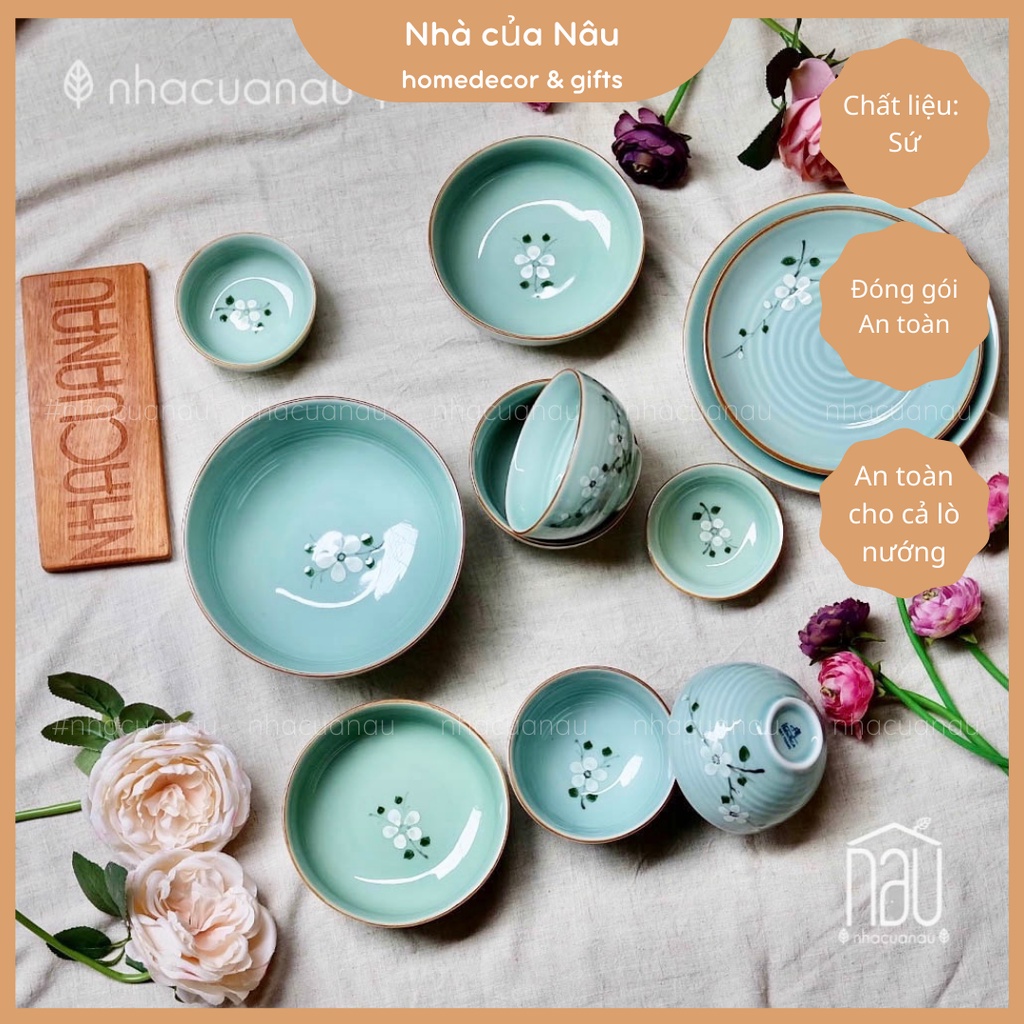 Bộ sản phẩm bát đĩa sứ Thanh Mai họa tiết cành mai trên chất liệu men ngọc phù hợp làm quà tặng tân gia quà cưới