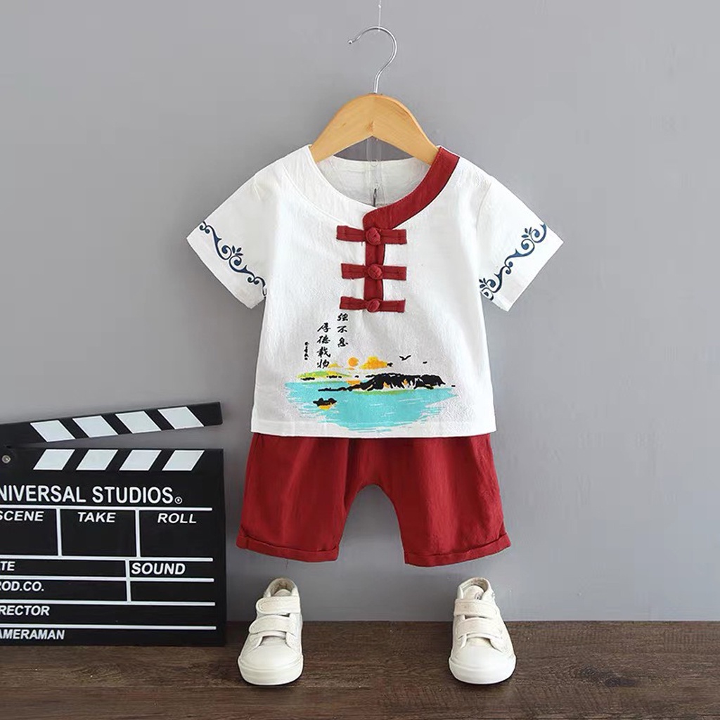 Bộ cộc tay cho bé trai, Đồ bộ hè cho bé in cổ trang chất đũi cực mát cho bé yêu-binbon kids