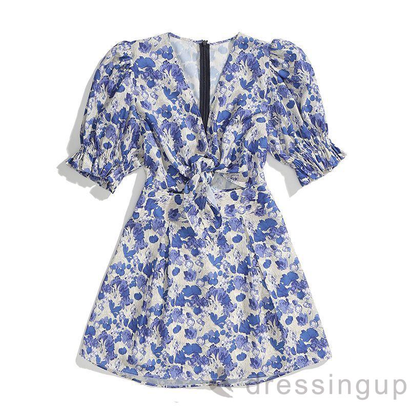 Đầm Nữ Tay Phồng Cổ Chữ V Họa Tiết Hoa Phong Cách Vintage | BigBuy360 - bigbuy360.vn