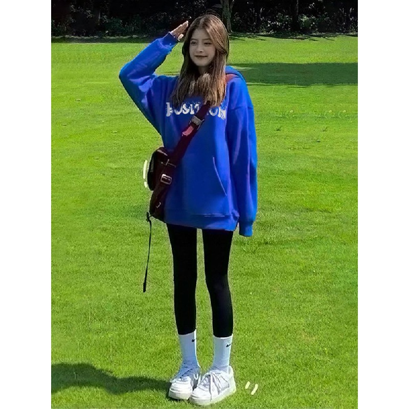 Áo Hoodie Tay Dài Lót Lông Cừu Màu Xanh Dương In Chữ Klein Dễ Thương Thời Trang Mùa Đông Cho Bạn Gái
