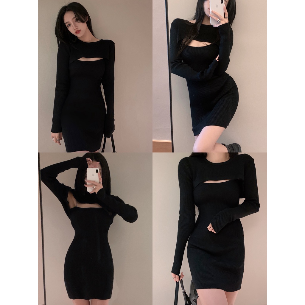 Bộ đồ SUXI gồm đầm 2 dây và áo khoác tay dài phong cách Hàn Quốc thời trang dành cho nữ