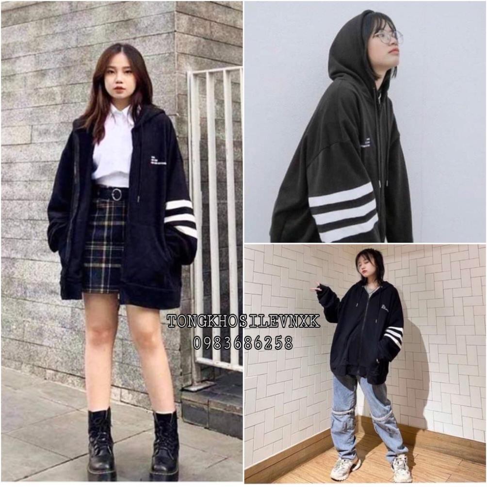 KHOÁC OH VIỀN TAY - ÁO KHOÁC HOODIE NỈ NGOẠI HOHO SỌC KẺ TAY ĐEN NAM NỮ UNISEX